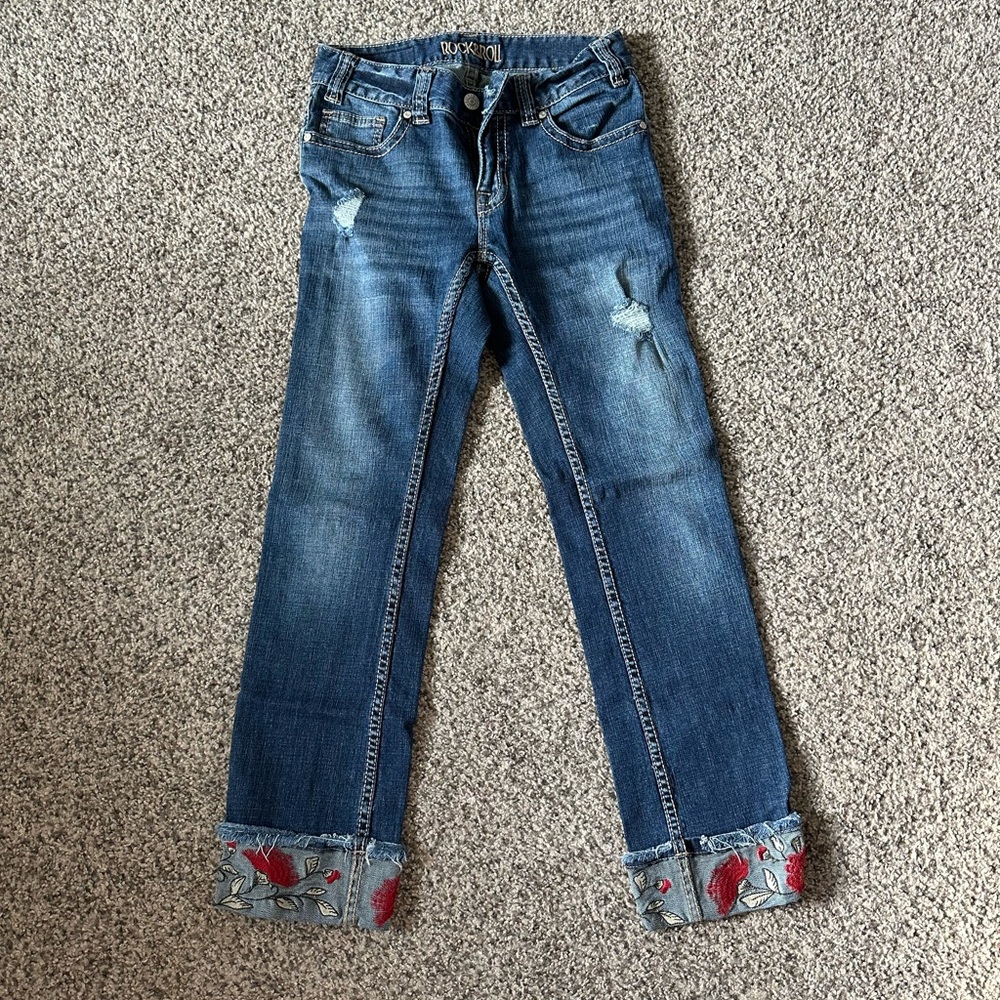 Rock & Roll Cowgirl Blue Straight Leg Jeans with Embroidered Cuffs